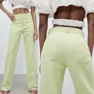 NWT ZARA Lime Checker Print Pants Womens L Y2K Retro Statement Trousers Scandi